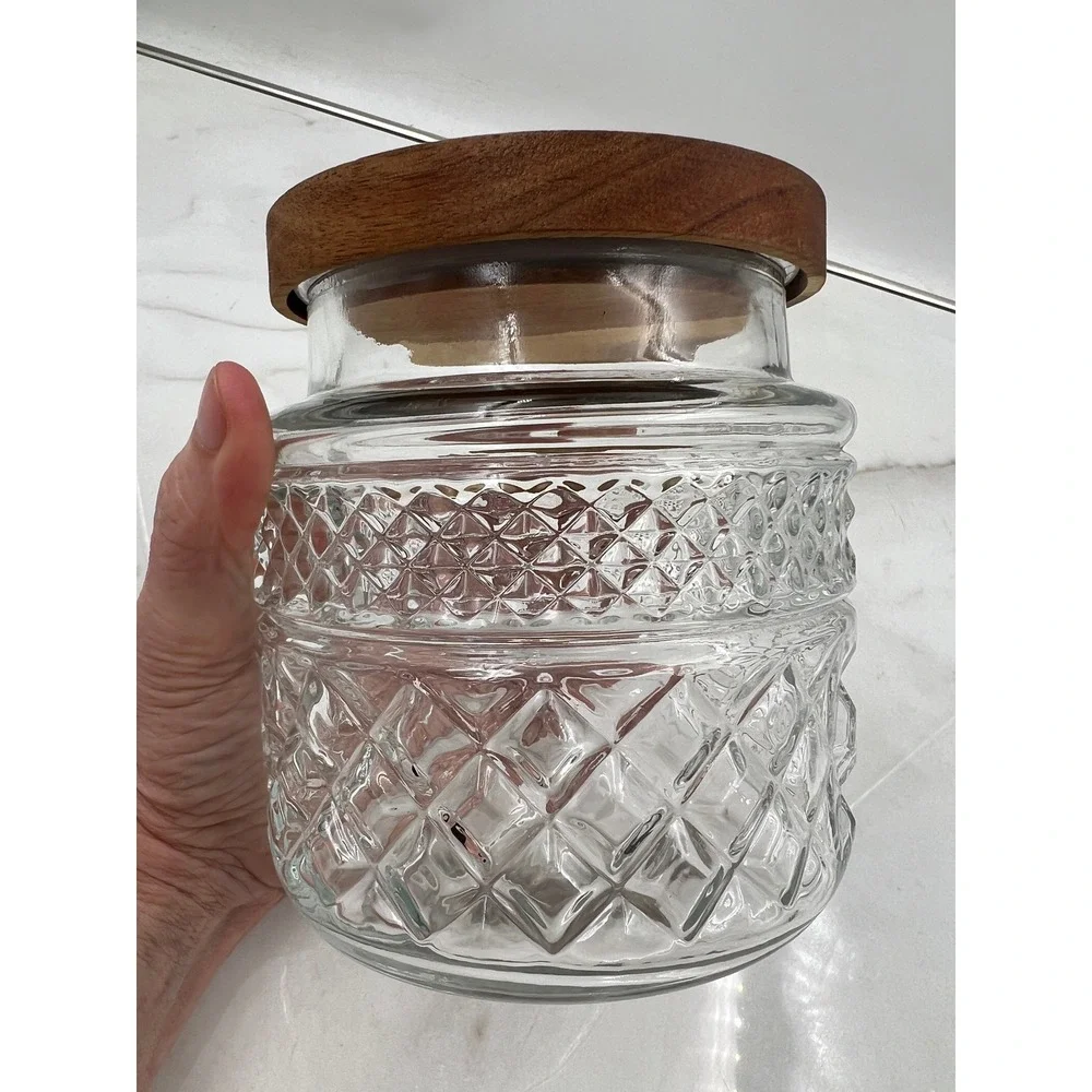 Diamond Pattern Glass Canister with Wood Lid Airtight Storage Jar Clear